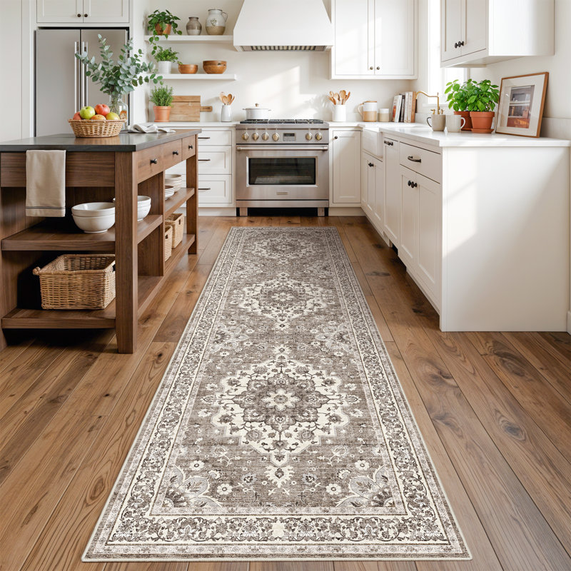 Tapis de couloir oriental 3 x 10 lavable - Tapis pour le salon Tapis doux pour la cuisine de la chambre à coucher Tapis de sol imperméable à l'eau à motif floral patiné et résistant aux taches