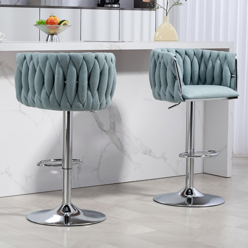 Ensemble de 2 tabourets de bar pivotants à 360 ° en tissu, chaises de bar réglables à hauteur de comptoir avec dossier tissé et repose-pieds, tabourets de bar chromés argentés pour îlot de cuisine, café, pub