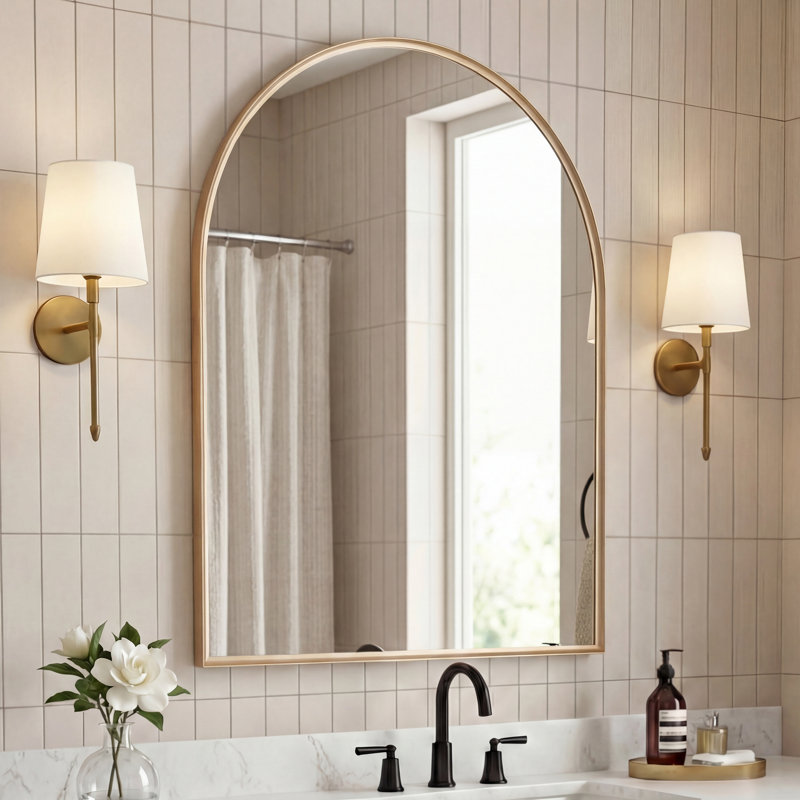 Elodie 20 in. W x 30 in. H Small Arched Aluminum Metal Framed Wall Mounted Bathroom Vanity Accent Mirror, Gold, Gold