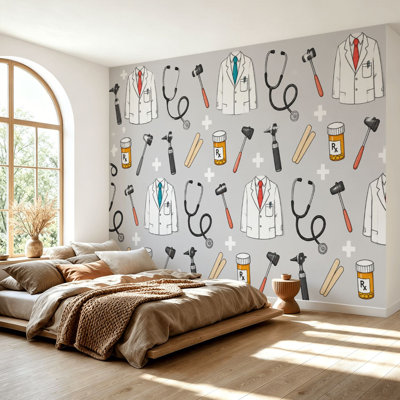 Wall Mural Peel and Stick Wallpaper Medical Doctor Coats Stethoscopes Pills Medical Tools Gray Self-Adhesive Removable Contact Paper Wall Decor for Living Room Bedroom 69"H x 96"W