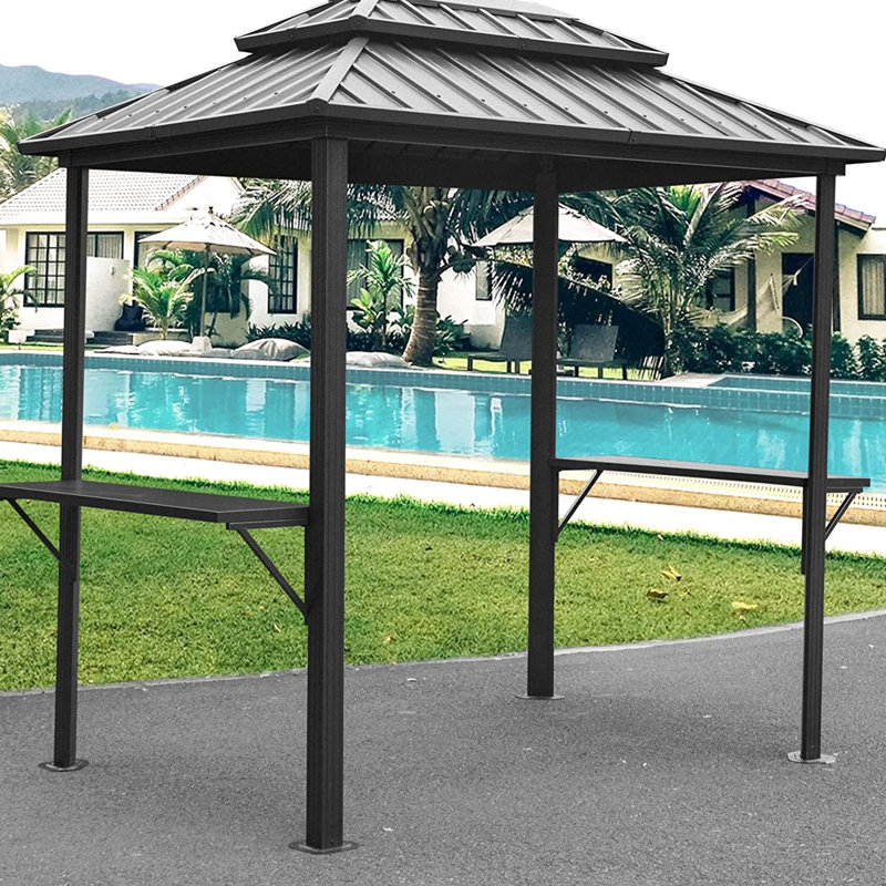 Pavillon de jardin extérieur 8 pi 6 po, structure en aluminium, double toit et tablettes pour patio gris