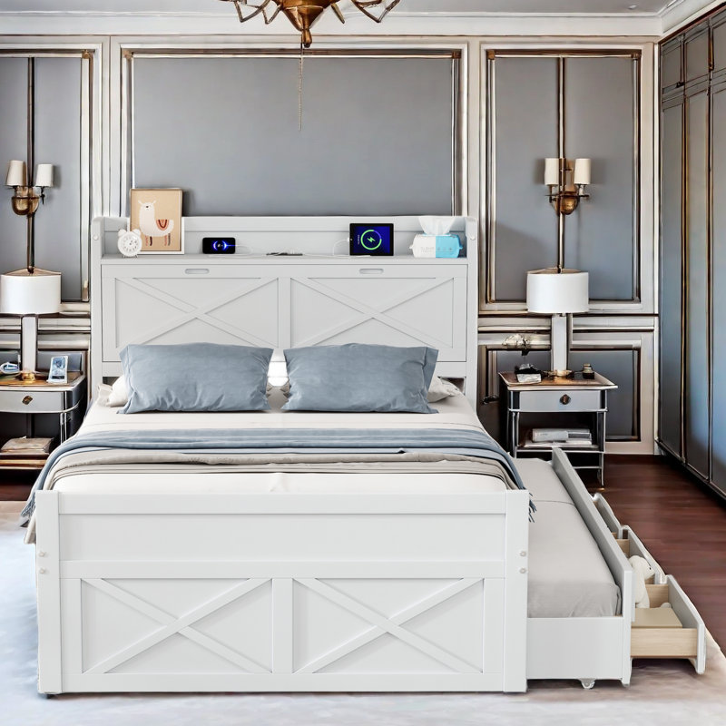 Roly Wooden Bed with Storage Headboard, Trundle, Three Storage and Outlets, White, Full