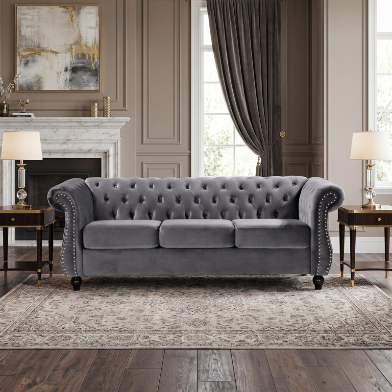 Canapé 3 places Chesterfield, L 80,31 po, Velours gris velours