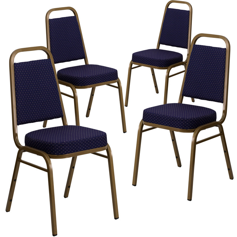 Chaise de banquet empilable Amaya, Doré, Tissu à motifs bleu marine, 4