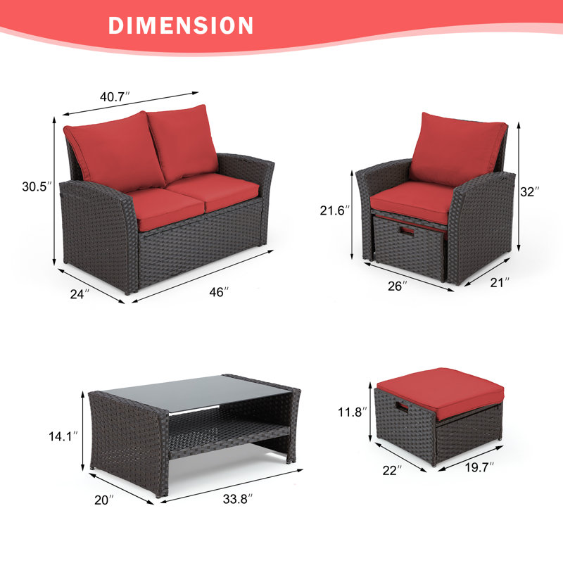7 - Person Patio Conversation Set with Cushions, Burgundy/Brown