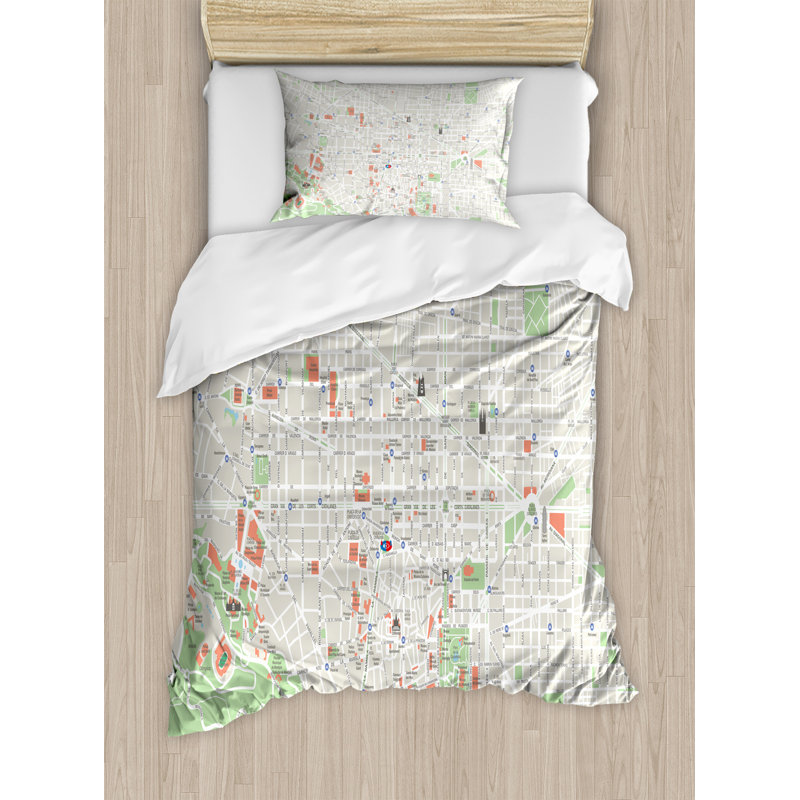 Flower Polyester Duvet Cover, Twin Duvet Cover + 1 Pillow Sham, Barcelona Streets Parks