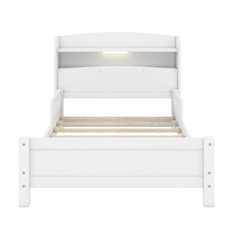 Lit en bois avec tête de lit bibliothèque, capteur de mouvement à DEL, garde-corps, Blanc
