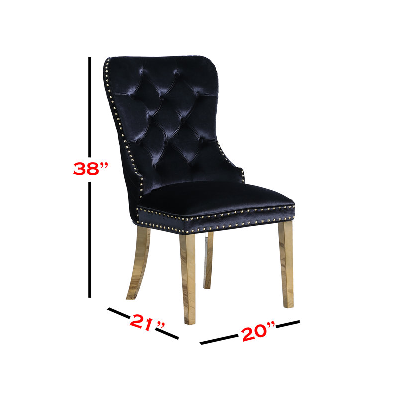 Chaise de salle à manger en velours 2 pièces Deprise Leo, Noir, Or