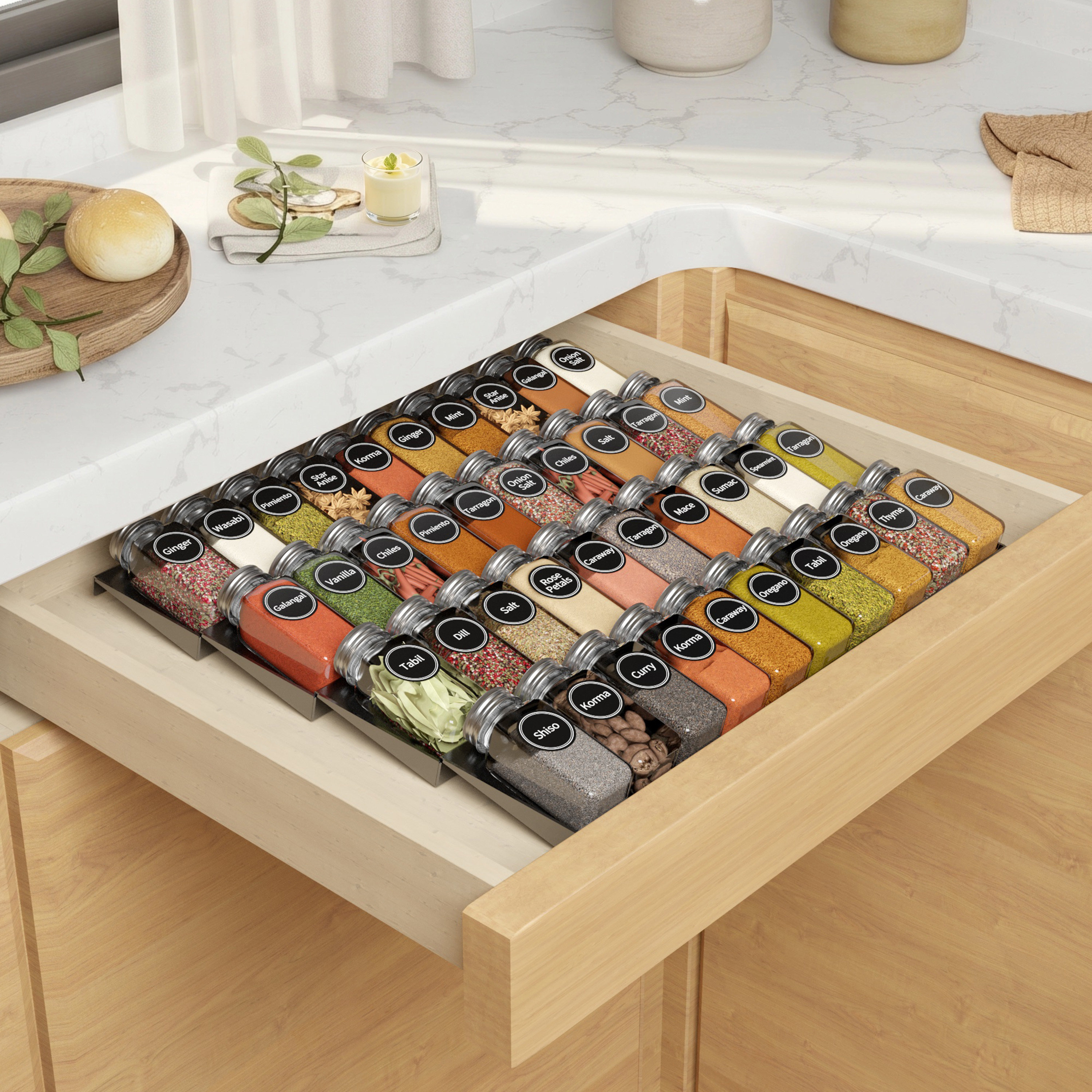 SpaceAid 4-Tier Spice Drawer Organizer with Spice Jars and 386 Spice ...