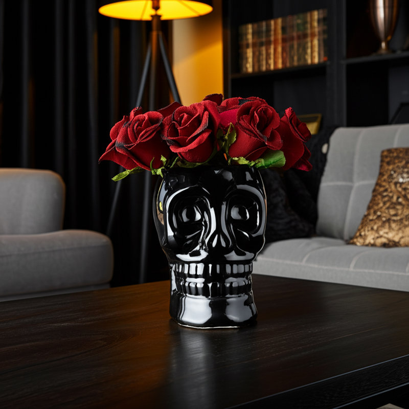 Vase en céramique en forme de crâne., H 8 po x l 6 po x P 6 po, Noir