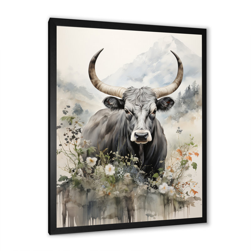 Bianaca, art asiatique, vache Sumi III, H 40 po x l 30 po x P 1,5 po, Cadre photo noir