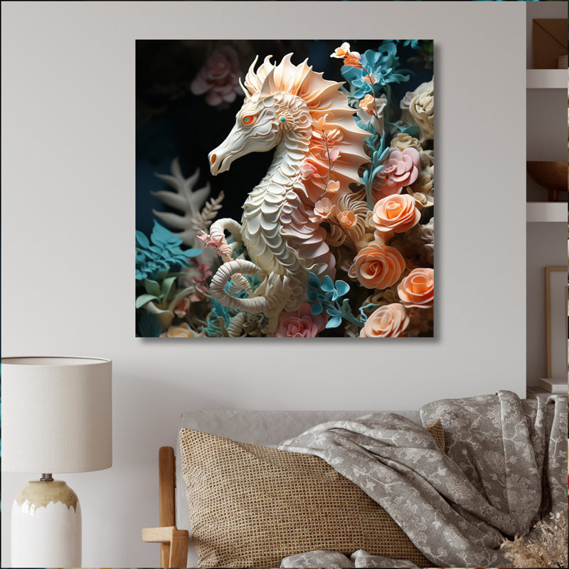 Hippocampe avec sanctuaire de fleurs - impression, H 24 po x l 24 po x P 1 po, Toile tendue