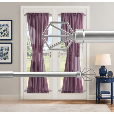 2 Pack Brushed Nickel French Door Curtain Rods with Hexagon Finial, Adjustable 16-28 Inch with 3/8" Diameter and Choice of No-Drill Adhesive or Screw Mounting