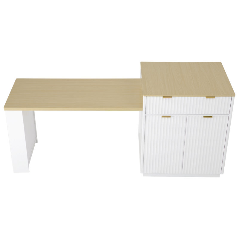 82.6" Fluted Kitchen Island with Extendable Dining Table for 4-6, Island Table for Kitchen with Power Outlet, Kitchen Table with Double-Side Storage, 2 Drawers 2 Side Open Shelves, White