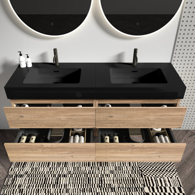 Meuble-lavabo flottant de 60 po, lavabo en quartz noir mat, double tiroir en chêne brut, style Mid-Century, poignée dissimulée, fabrication de catégorie E1, laque E0 de 60 po fixée au mur, esthétique, poignée pour,