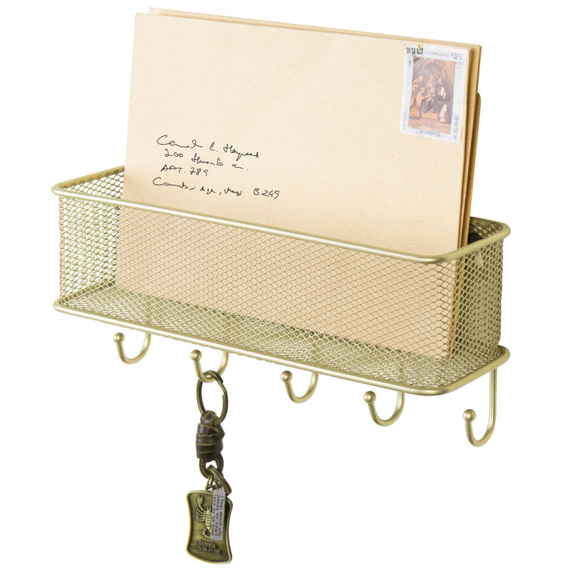 Swiftsure Wall  Wire Mesh Storage Organiser with Key Hooks, Gold