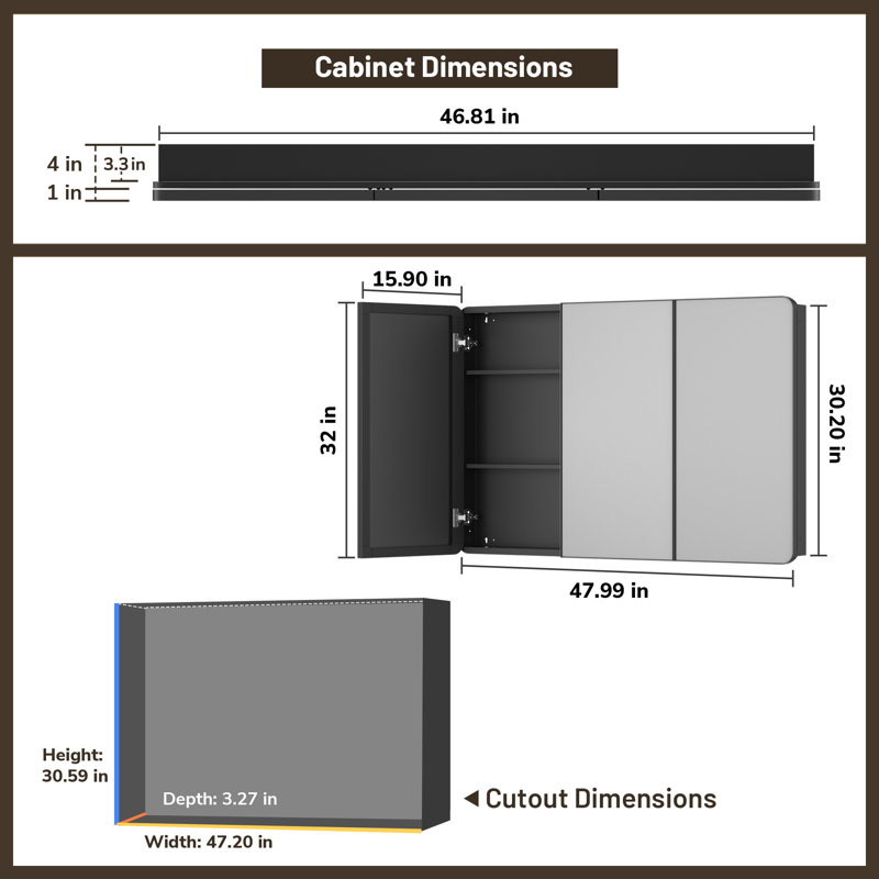 Gervon Rectangle Recessed Medicine Cabinet with Adjustable Shelves, 32" H x 48" W x 5" D, Nickel