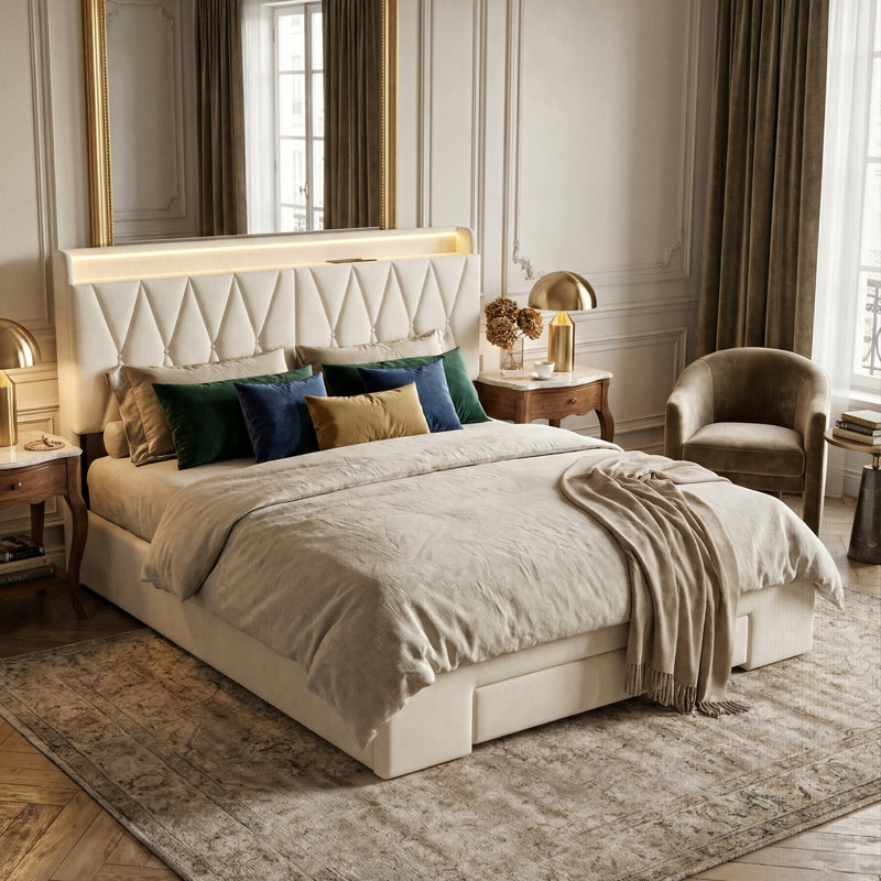 Beige Velvet Storage Bed With 3 Drawers, LED Storage Headboard & USB-C Charging, European Double (140X200cm) & King (160X200cm) 