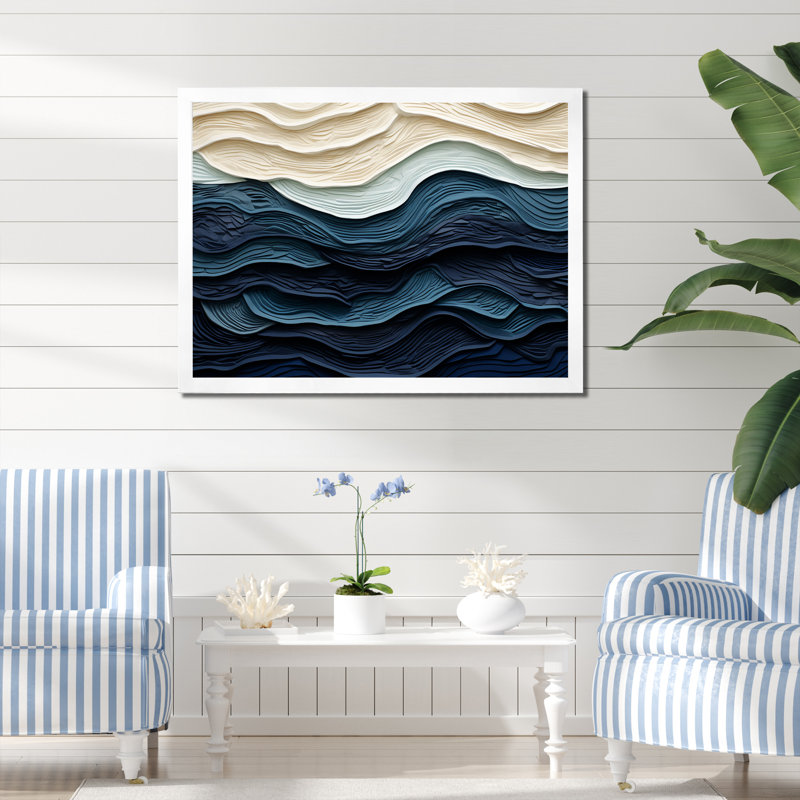«Blue and White Coastal Waves», impression murale abstraite sur toile côtière, Blanc, H 34 po x l 44 po, Impression encadrée