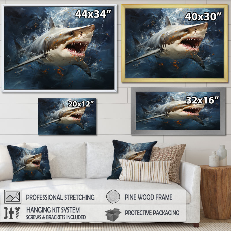 Underwater Shark Attack III - Sharkwall Art, Black Floater Framed, 24" H x 32" W x 1" D