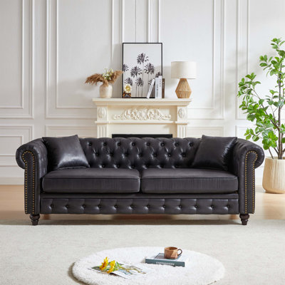 Three-Seat Chesterfield Sofa With Rolled Arms, Button-Tufted Tech Fabric Upholstery, Spring-And-Foam Cushions, And Solid Wood Frame For Living Room, Office, Or Apartment.