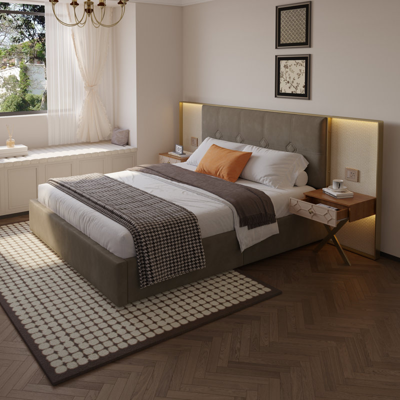 Velvet Upholstered Platform Bed With Metal-Framed Headboard, Dual Wall Lamps And Bedside Tables, No Box Spring Needed, Coffee