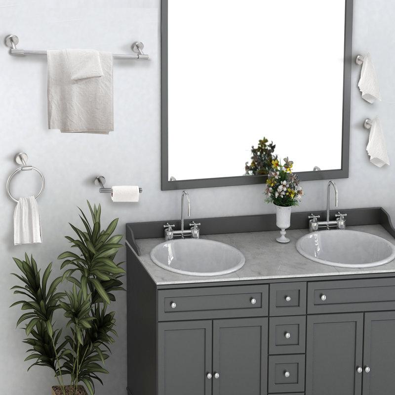 5 Piece Bathroom Accessories Set, Wall Mount Aluminium and Stainless Bathroom Hardware, Black, Brushed Nickel