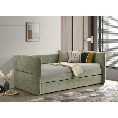 Lit de jour moderne vert clair avec lit gigogne escamotable - Mobilier luxueux 1 pièce, capitonné et garniture cloutée pour la chambre à coucher / salon