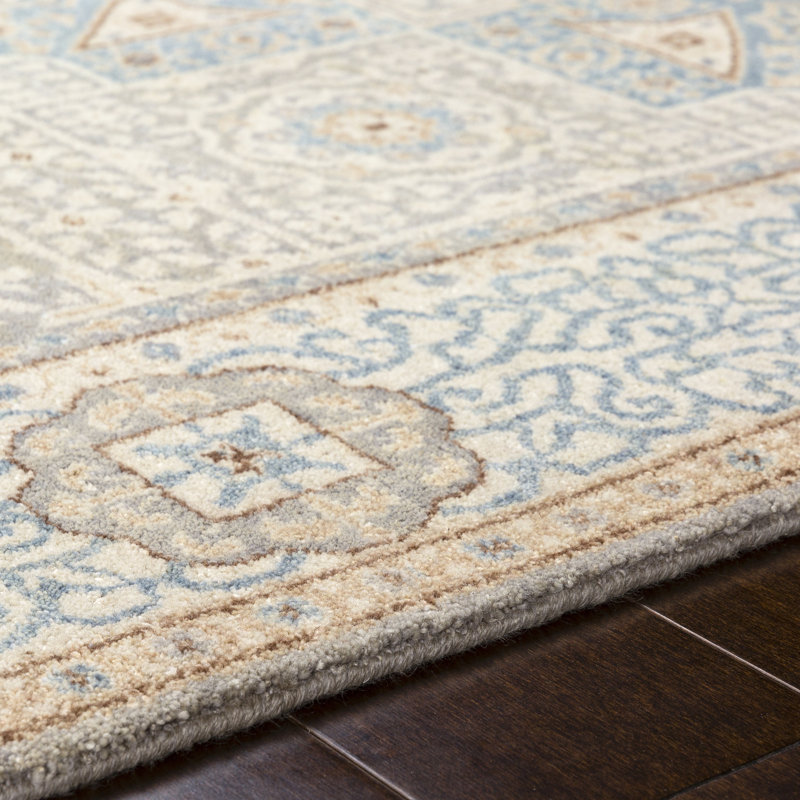 Tapis turquoise / ardoise / ivoire en laine noué à la main Didimo, Rectangle 2 pi x 3 pi