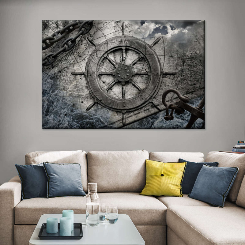 Roue de bateau rétro sur toile, H 20 po x l 30 po x P 1,25 po