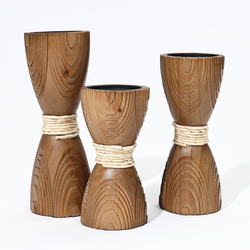 Rustic Wood Candle Holders Set of 3 with Rattan Detail, Farmhouse Decorative Pillar Candle Holders