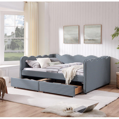 Grand lit de jour confortable en vichy avec deux tiroirs de rangement, avec port USB et adorable tissu en forme de vague