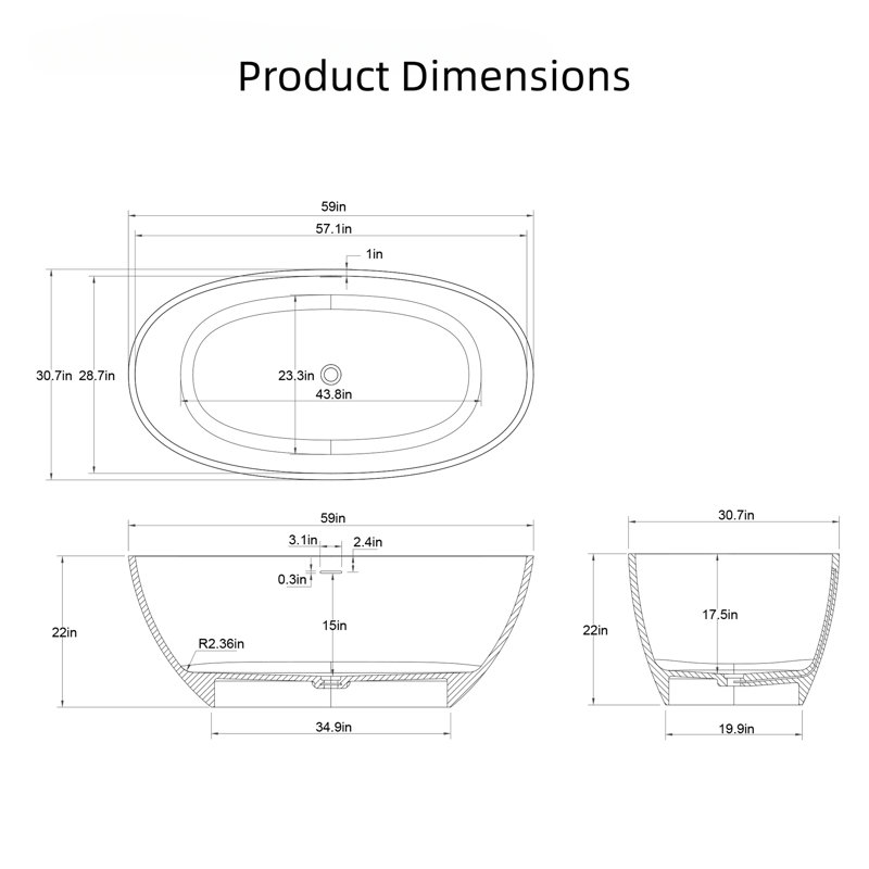 59" Freestanding Soaking Bathtub, Stone Resin, Hand-Polished Matte, Ergonomic Curved Backrest, Pop-Up Drain, Overflow, Cream