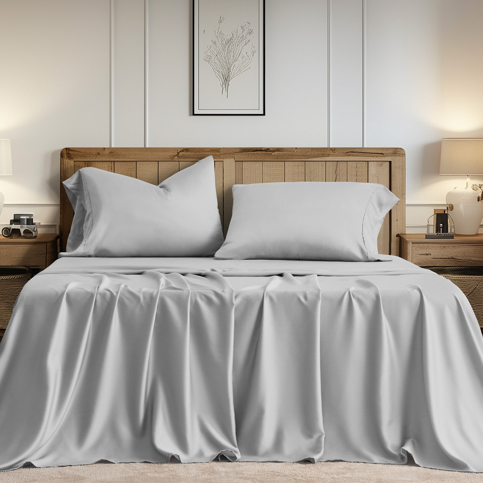 Tencel Sheet Set, Light Gray, King Sheet Set + 1 Fitted Sheet + 2  Pillowcases