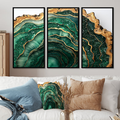 Émeraude et rivière de cristal sur glissoire en bois IV - cristaux, art mural - ensemble de 3