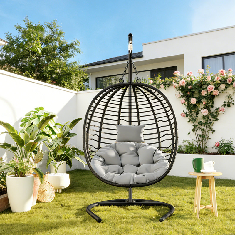 Outdoor Wicker Egg Swing Chair With Stand, Oversized Patio Hanging Chair With Cushion & Headrest, Heavy-Duty Steel Frame, Indoor Outdoor Lounge Chair