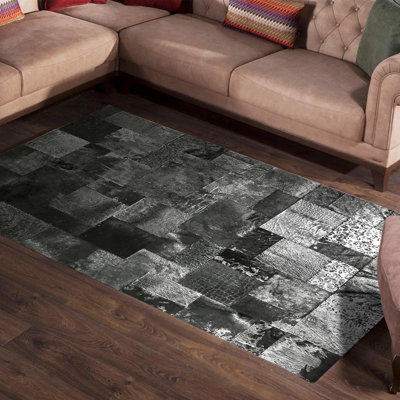 Tapis luxueux en cuir de vache à feuille d'argent noir avec patchwork fabriqué à la main pour les pièces modernes - 8,83 x 12 pi