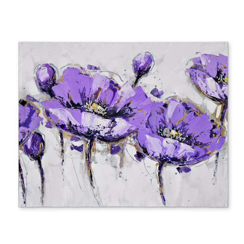 Napperon gris botanique | Décoration abstraite fleurs mauves
