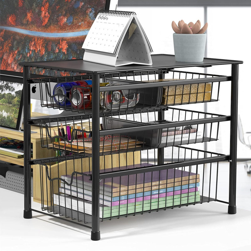 Tiroir de rangement à 3 niveaux empilable avec panier coulissant pour salle de bain et cuisine, noir
