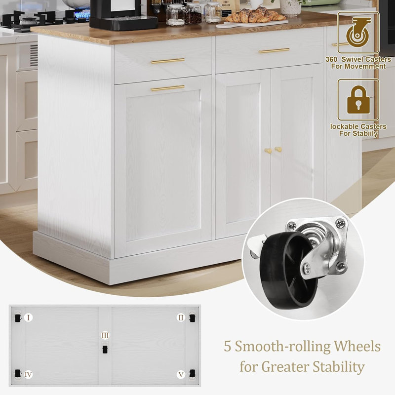 Îlot de cuisine sur roulettes avec rangement pour poubelle, table d'îlot portable pour la cuisine, Naturel / Blanc