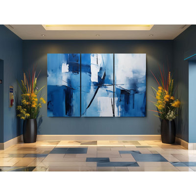 «Triptych Canvas Wall Art», ensemble d'art sur toile abstrait bleu et blanc - décoration murale minimaliste moderne pour des espaces de maison élégants, reproduction de peinture
