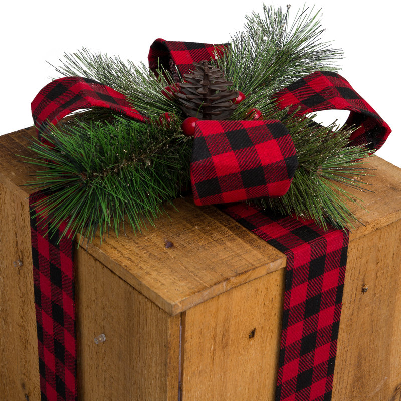 Weather Resistant Wood Christmas Decoration, Red / Black Ribbon