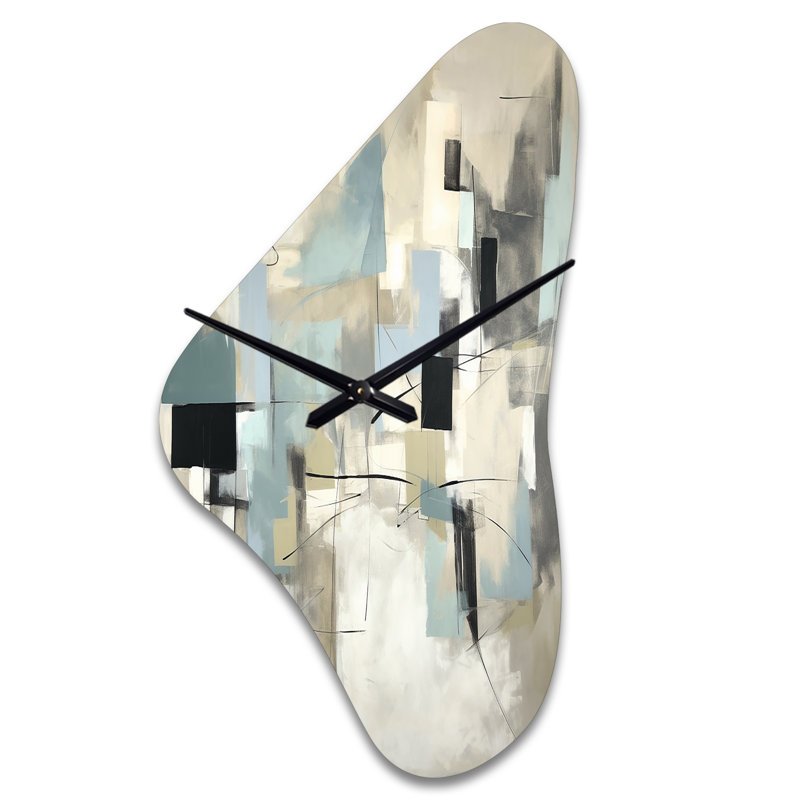 Beige et gris - Créature sans limite II - peinture abstraite, horloge murale en métal de forme irrégulière, horloge murale asymétrique moderne