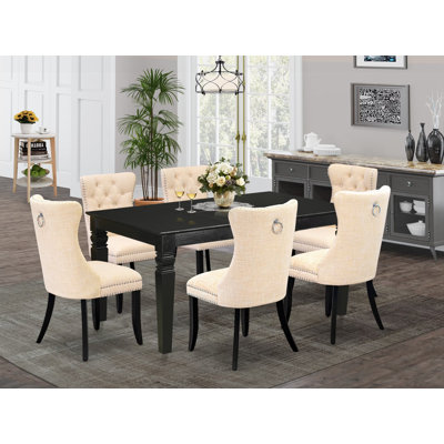 F93CA6EB03D240E4AAA2ABD7355E3865 7 Piece Dining Table Set Includes a Rectangle Kitchen Table with Removable leaf and 6 Upholstered Chairs, Black