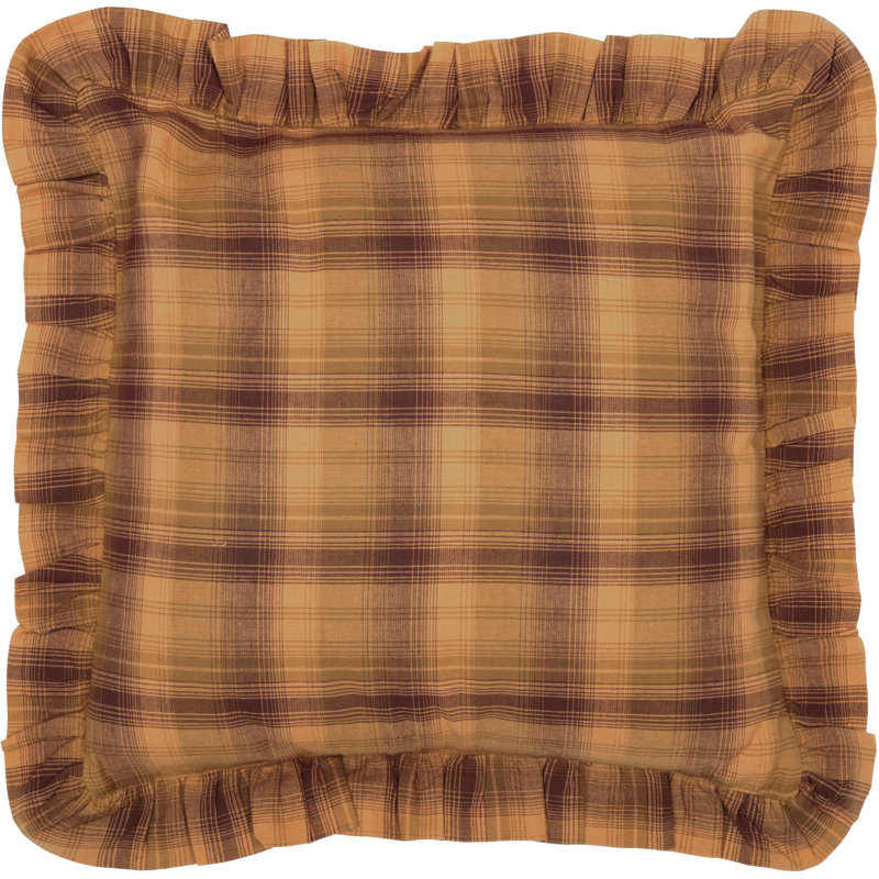 Prescott Tan and Brown Plaid Cotton Ruffled Square Pillow 16x16