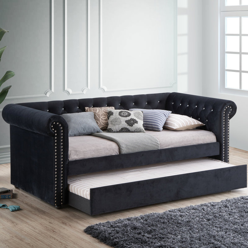 Luxurious 1Pc Modern Aesthetic Beautifully Button Tufted Nailhead Trim Design Daybed Built-In Pull-Out Trundle Bed Living Space Guest Room Bedroom