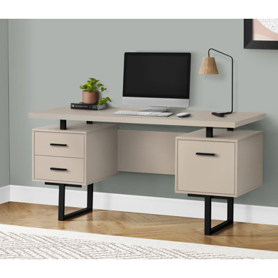 Contemporary 60 Inch Computer Desk With Storage, Reversible Set-Up For Home Office And Laptop Use, Beige Laminate, Black Metal Frame