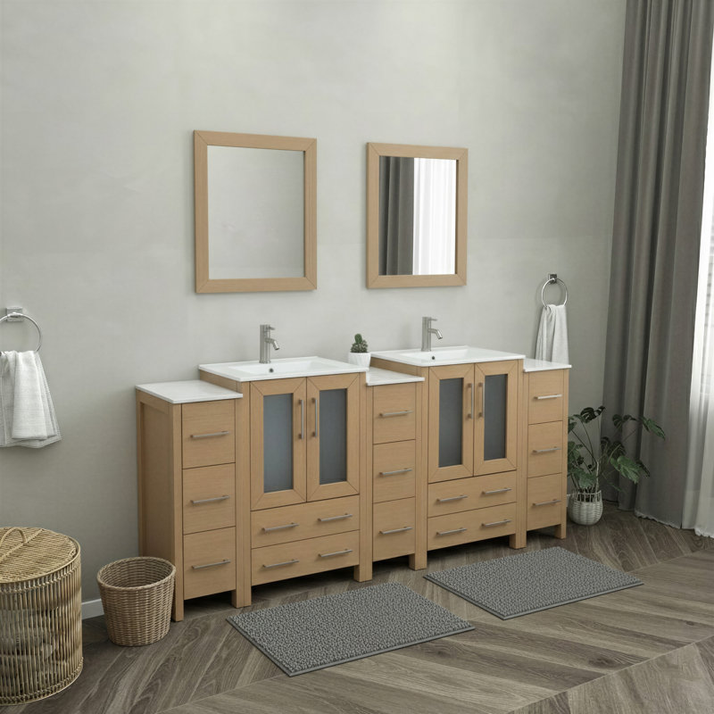  Framed 84" Double Bathroom Vanity Set, Natural Oak