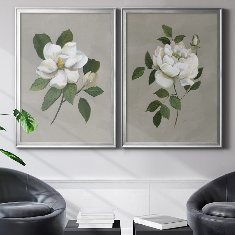 Botanical Magnolia - 2-Piece Painting Print Set, No Mat, Silver Framed Canvas, 30.5" H x 85" W x 3" D