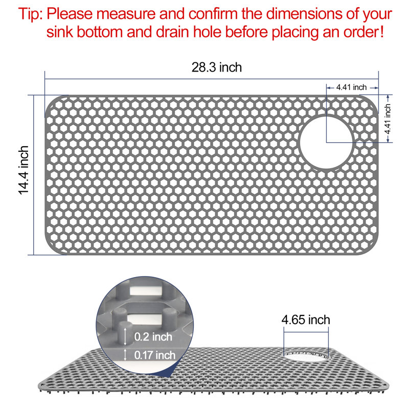 Silicone Sink Protector, 28.3" x 14.4" Right Drain Kitchen Sink Mat for Sink Bottom, Non-Slip and Heat-Resistant, For Farmhouse and Stainless Steel Sinks, With a Free Scrub Sponge, Grey